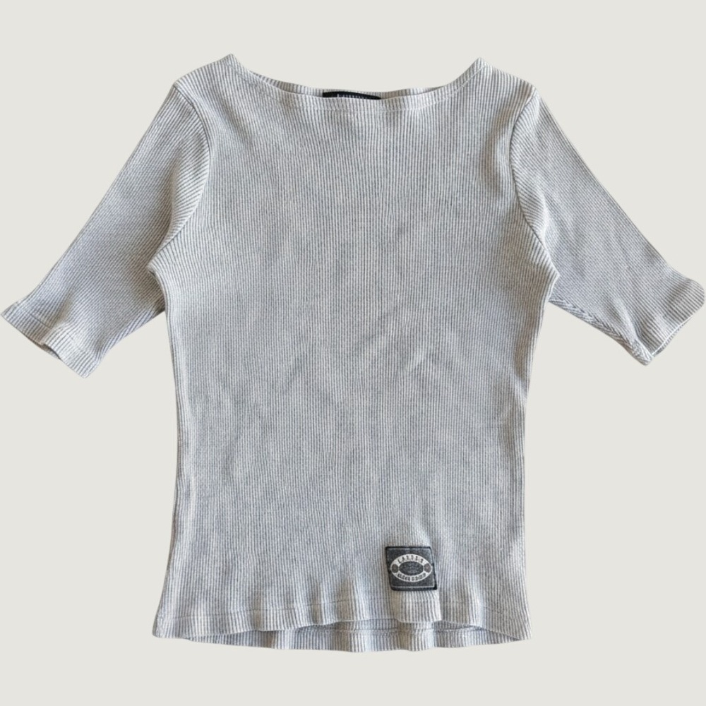 Lauren Ralph Lauren Petite Grey Ribbed Knit Boat Neck Top Elbow Sleeve P/P